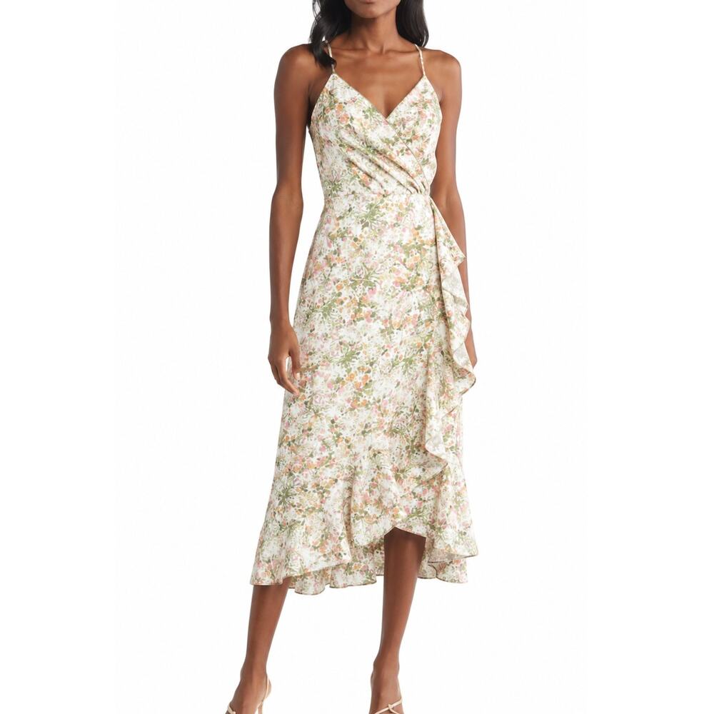 Chelsea28 Ivory Floral Surplice V-Neck Faux Wrap Ruffle Slip Dress Hi Low 1X NWT